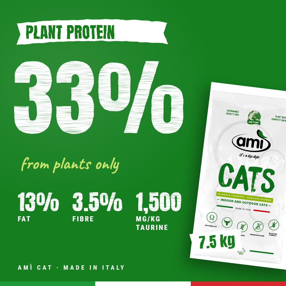 Ami Cat vegan dry food, 7.5 kg bag: 33% plant protein, 13% fat, 3.5% fibre, 1,500 mg/kg taurine